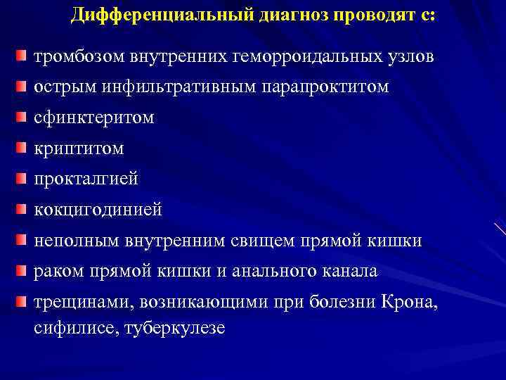   Дифференциальный диагноз проводят с:  тромбозом внутренних геморроидальных узлов острым инфильтративным парапроктитом