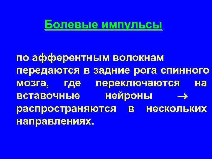   Болевые импульсы по афферентным волокнам передаются в задние рога спинного мозга, где