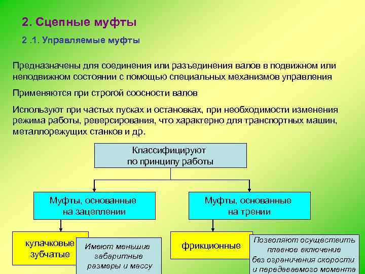  2. Сцепные муфты 2. 1. Управляемые муфты Предназначены для соединения или разъединения валов