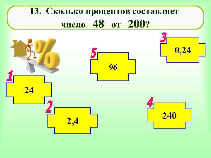  13. Сколько процентов составляет   число 48 от 200?   