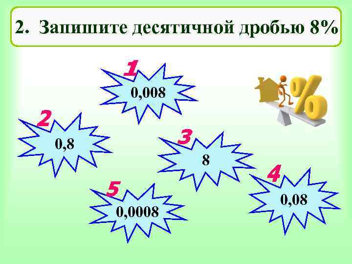 2. Запишите десятичной дробью 8%   0, 008 0, 8   