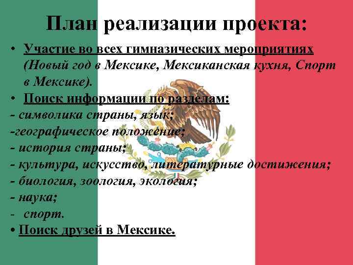  План реализации проекта:  • Участие во всех гимназических мероприятиях  (Новый год