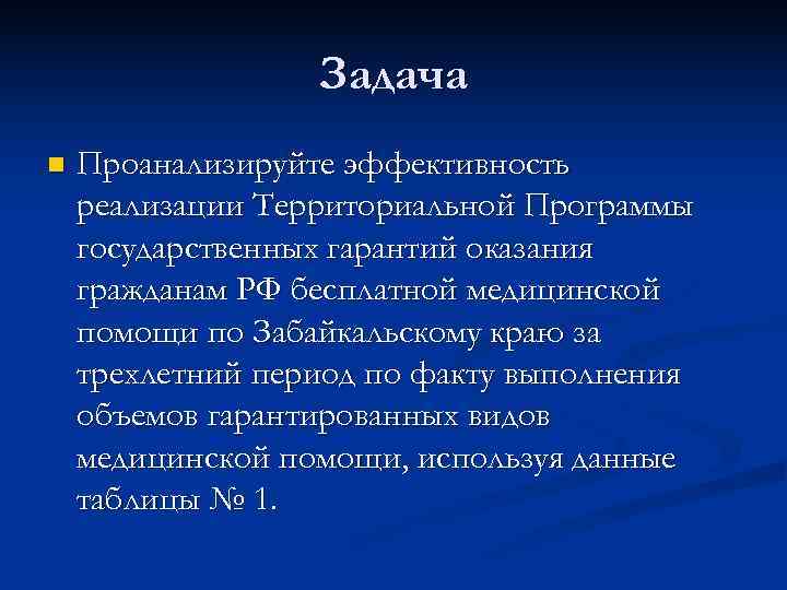    Задача n  Проанализируйте эффективность реализации Территориальной Программы государственных гарантий оказания