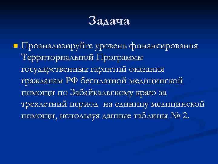    Задача n  Проанализируйте уровень финансирования Территориальной Программы государственных гарантий оказания