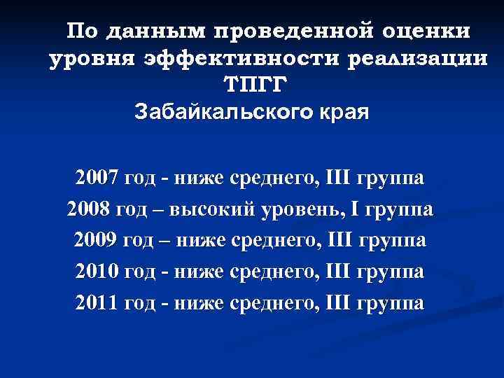  По данным проведенной оценки уровня эффективности реализации   ТПГГ  Забайкальского края