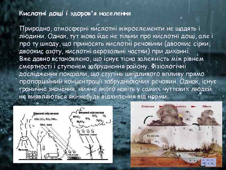 Кислотні дощі і здоров'я населення Природно, атмосферні кислотні мікроелементи не щадять і людини. Однак,