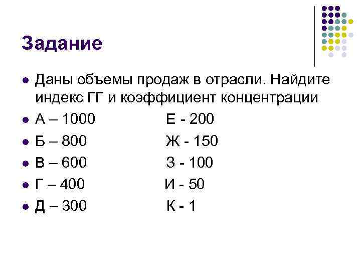 Задание l  Даны объемы продаж в отрасли. Найдите индекс ГГ и коэффициент концентрации