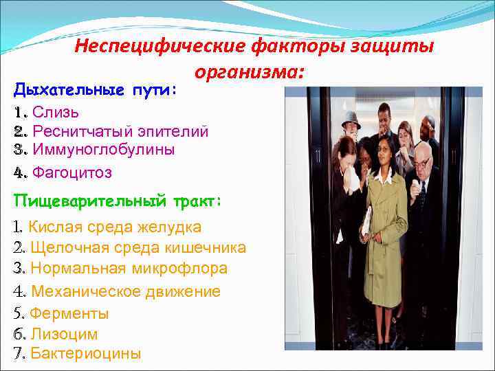   Неспецифические факторы защиты   организма: Дыхательные пути: 1. Слизь 2. Реснитчатый