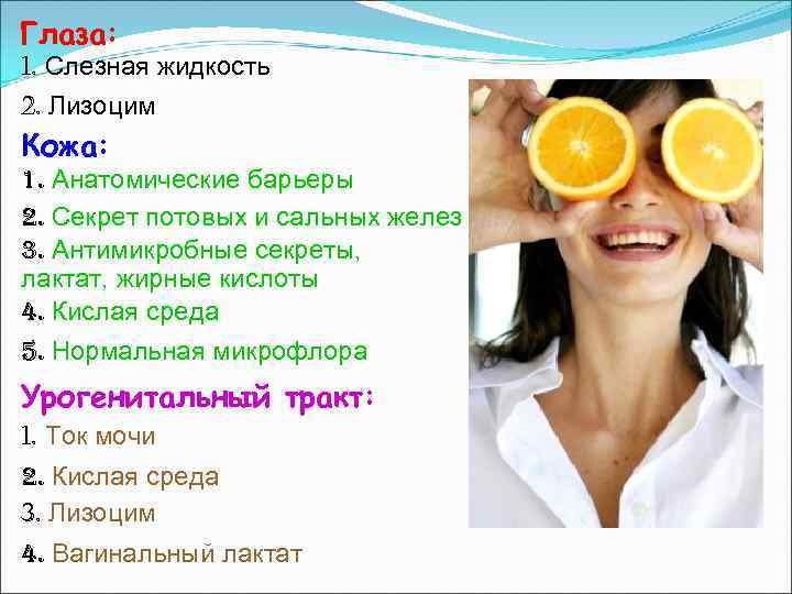 Глаза: 1. Слезная жидкость 2. Лизоцим Кожа: 1. Анатомические барьеры 2. Секрет потовых и