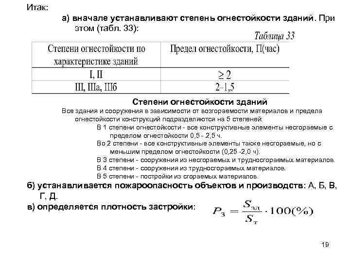 Итак: а) вначале устанавливают степень огнестойкости зданий. При этом (табл. 33): Степени огнестойкости зданий