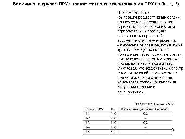 Величина и группа ПРУ зависят от места расположения ПРУ (табл. 1, 2).  