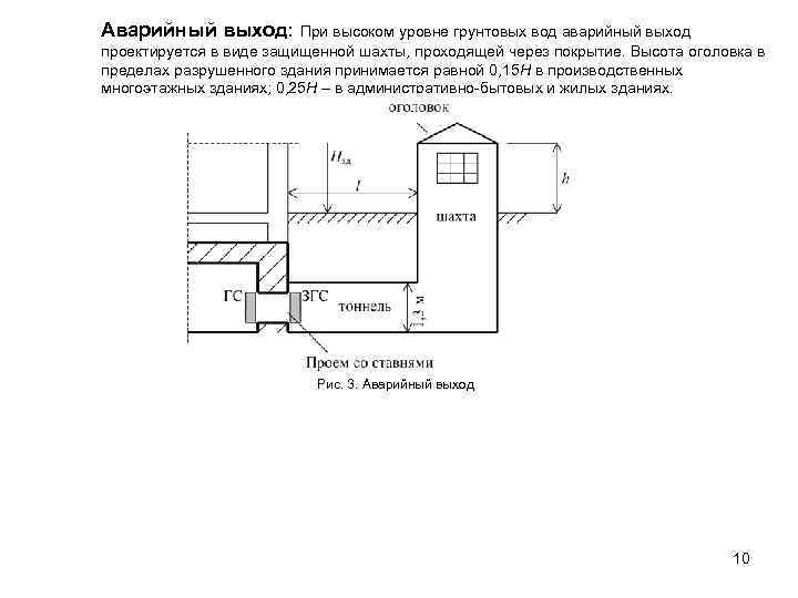 Аварийный выход: При высоком уровне грунтовых вод аварийный выход проектируется в виде защищенной шахты,