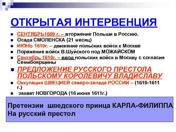 ОТКРЫТАЯ ИНТЕРВЕНЦИЯ n  СЕНТЯБРЬ 1609 г. – вторжение Польши в Россию. n 