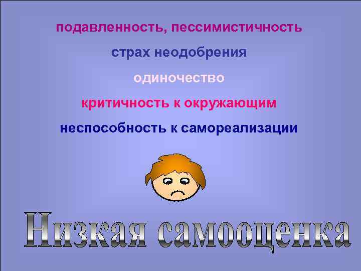 подавленность, пессимистичность  страх неодобрения   одиночество  критичность к окружающим неспособность к