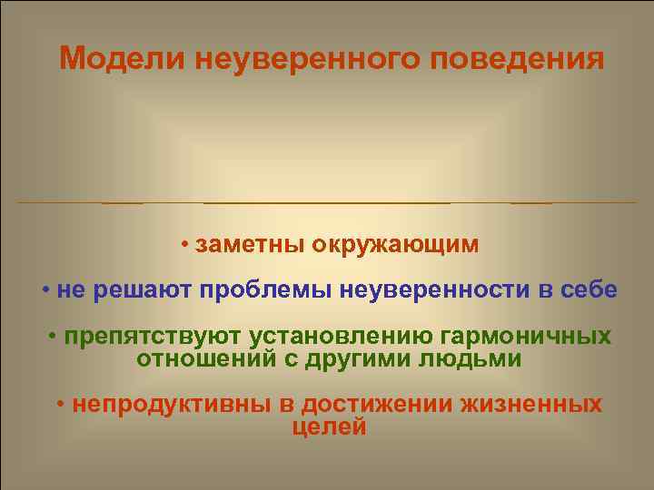  Модели неуверенного поведения    • заметны окружающим • не решают проблемы