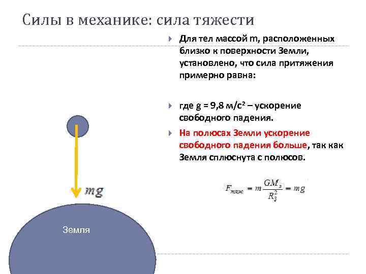 Силы в механике: сила тяжести    Для тел массой m, расположенных 