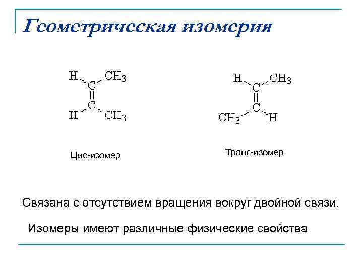 Геометрическая изомерия  Цис-изомер    Транс-изомер Связана с отсутствием вращения вокруг двойной