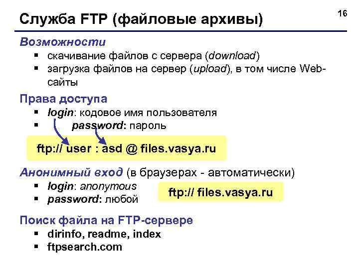      16 Служба FTP (файловые архивы) Возможности  § скачивание