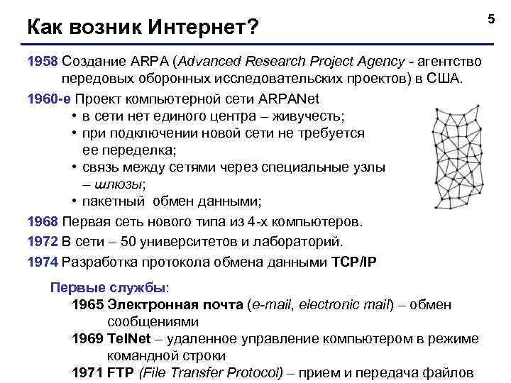       5 Как возник Интернет? 1958 Создание ARPA (Advanced