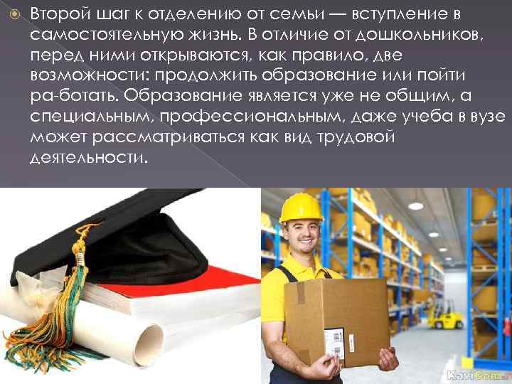   Второй шаг к отделению от семьи — вступление в самостоятельную жизнь. В