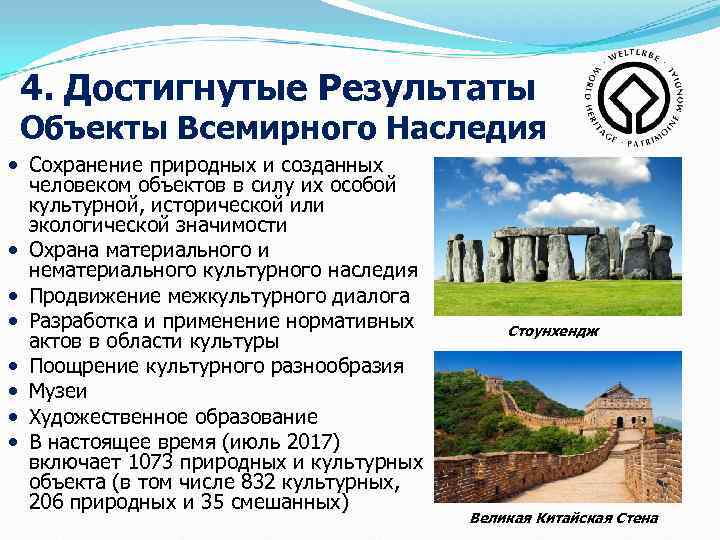  4. Достигнутые Результаты Объекты Всемирного Наследия  Сохранение природных и созданных  человеком