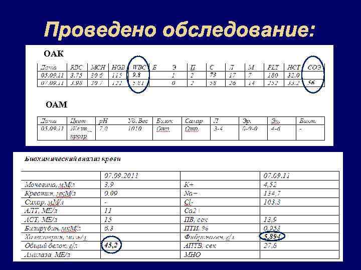Проведено обследование: ОАК ОАМ 