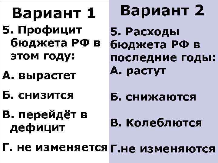 Вариант 1 Вариант 2 5. Профицит 5. Расходы бюджета РФ в этом году: последние