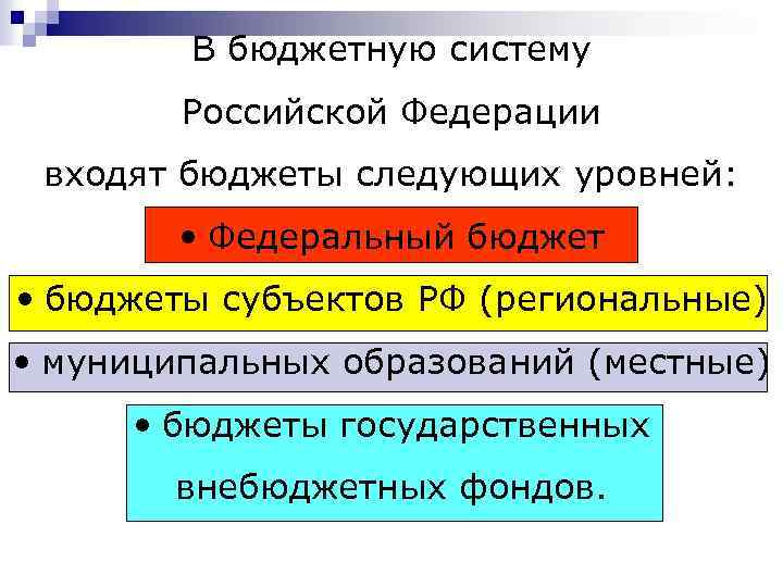 В бюджетную систему Российской Федерации входят бюджеты следующих уровней: • Федеральный бюджет • бюджеты