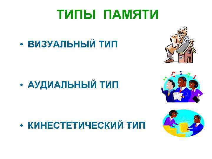 ТИПЫ ПАМЯТИ • ВИЗУАЛЬНЫЙ ТИП • АУДИАЛЬНЫЙ ТИП • КИНЕСТЕТИЧЕСКИЙ ТИП 