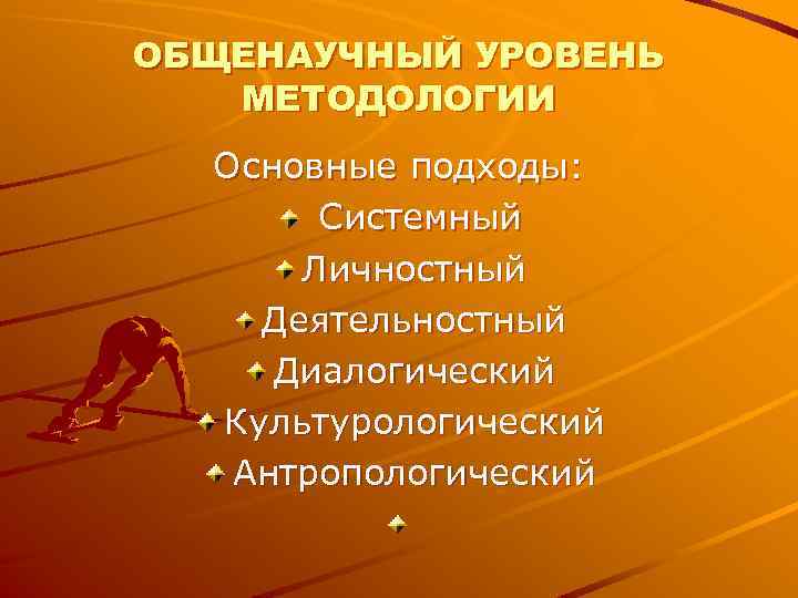 ОБЩЕНАУЧНЫЙ УРОВЕНЬ МЕТОДОЛОГИИ Основные подходы: Системный Личностный Деятельностный Диалогический ОБЩЕНАУЧНЫЙ УРОВЕНЬ МЕТОДОЛОГИИ Основные подходы: Системный Личностный Деятельностный Диалогический