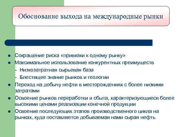 Обоснование выхода на международные рынки l l l Сокращение риска «привязки к одному рынку»