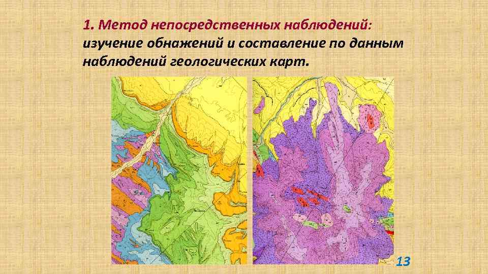 1. Метод непосредственных наблюдений: изучение обнажений и составление по данным наблюдений геологических карт. 13
