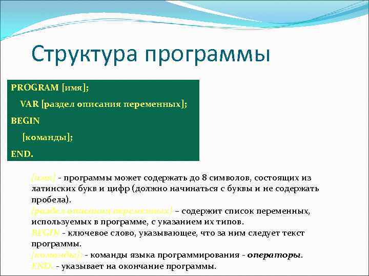 Структура программы PROGRAM [имя]; VAR [раздел описания переменных]; BEGIN [команды]; END. [имя] - программы