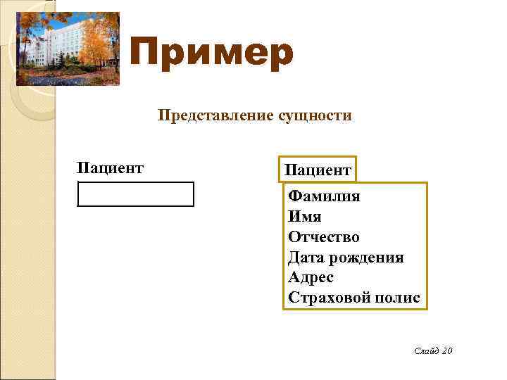 Пример Представление сущности Пациент Фамилия Имя Отчество Дата рождения Адрес Страховой полис Слайд 20