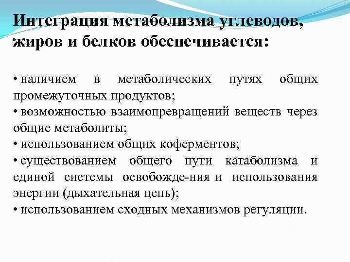 Интеграция метаболизма углеводов, жиров и белков обеспечивается: • наличием в метаболических путях общих промежуточных