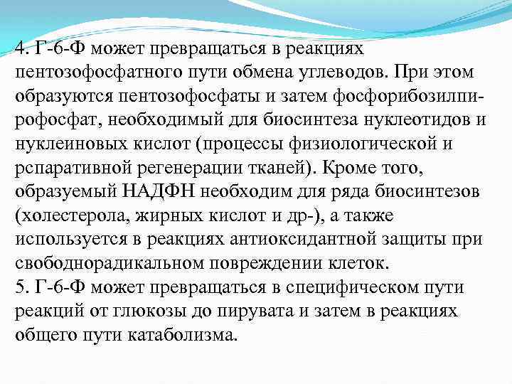 4. Г 6 Ф может превращаться в реакциях пентозофосфатного пути обмена углеводов. При этом