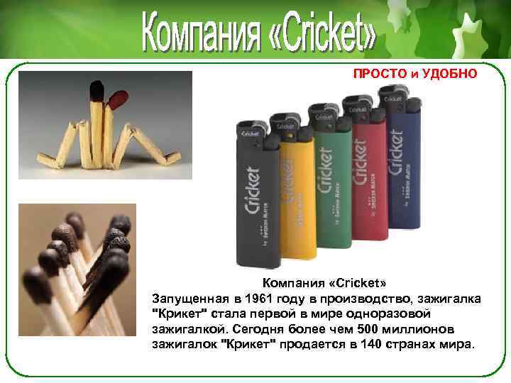 ПРОСТО и УДОБНО Компания «Cricket» Запущенная в 1961 году в производство, зажигалка "Крикет" стала