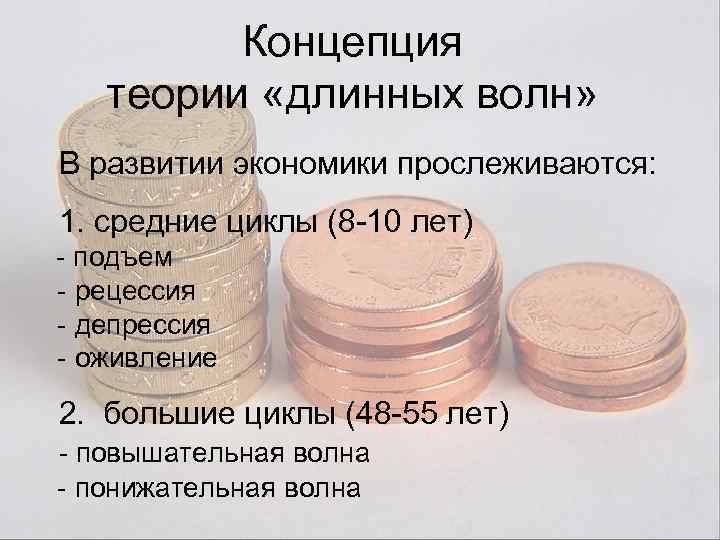 Концепция теории «длинных волн» В развитии экономики прослеживаются: 1. средние циклы (8 -10 лет)