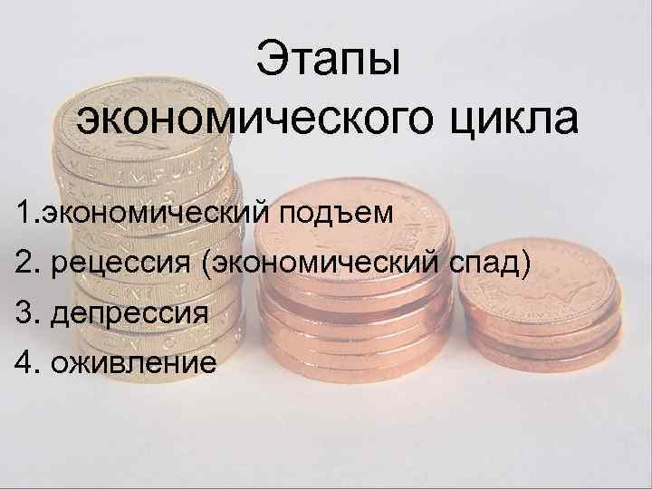 Этапы экономического цикла 1. экономический подъем 2. рецессия (экономический спад) 3. депрессия 4. оживление