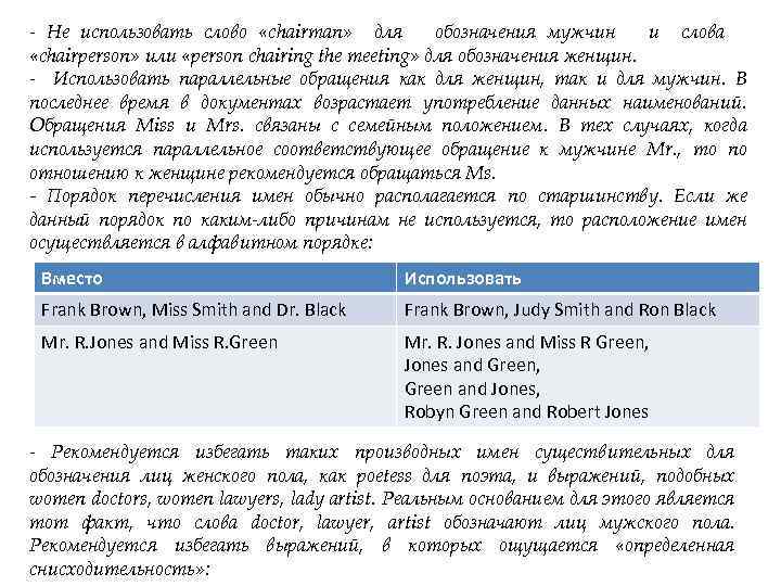  Не использовать слово «chairman» для обозначения мужчин и слова «chairperson» или «person chairing