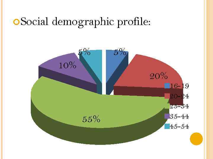  Social demographic profile: 5% 10% 5% 20% 55% 16 -19 20 -24 25