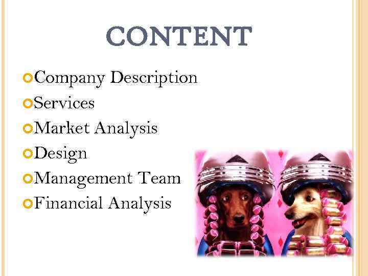 CONTENT Company Description Services Market Analysis Design Management Team Financial Analysis 