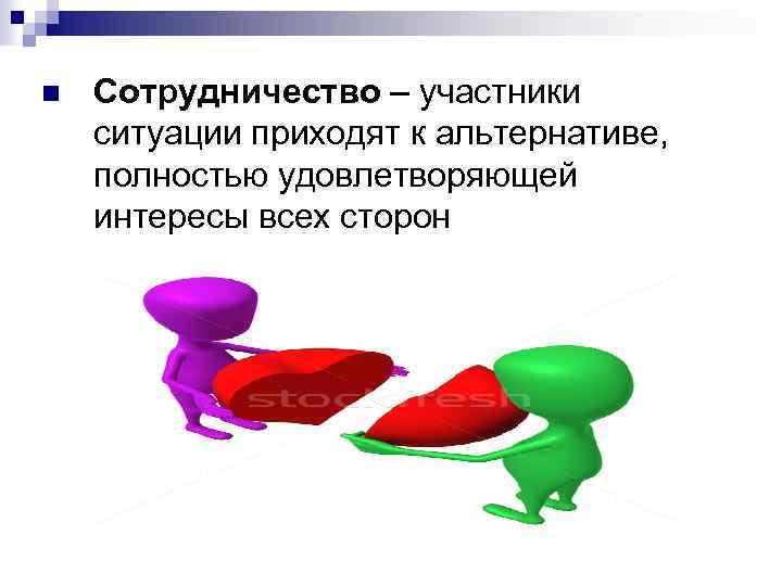 n Сотрудничество – участники ситуации приходят к альтернативе, полностью удовлетворяющей интересы всех сторон 