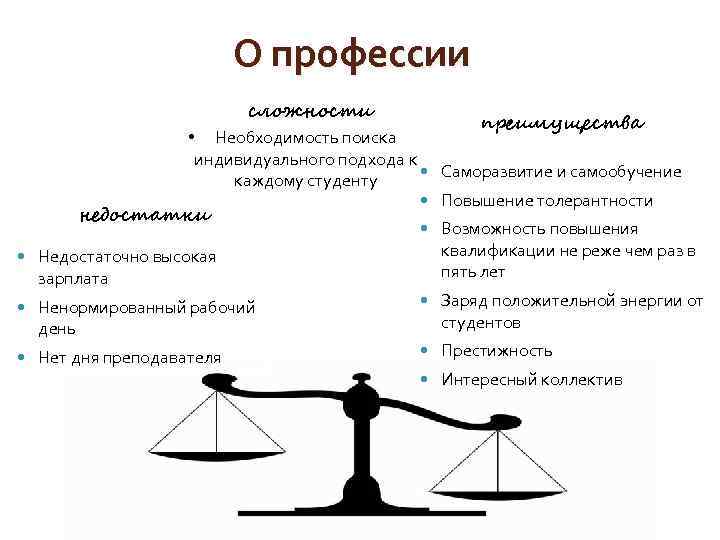 О профессии сложности преимущества • Необходимость поиска индивидуального подхода к Саморазвитие и самообучение каждому