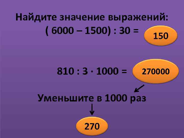 Найдите значение выражений: ( 6000 – 1500) : 30 = 150 810 : 3