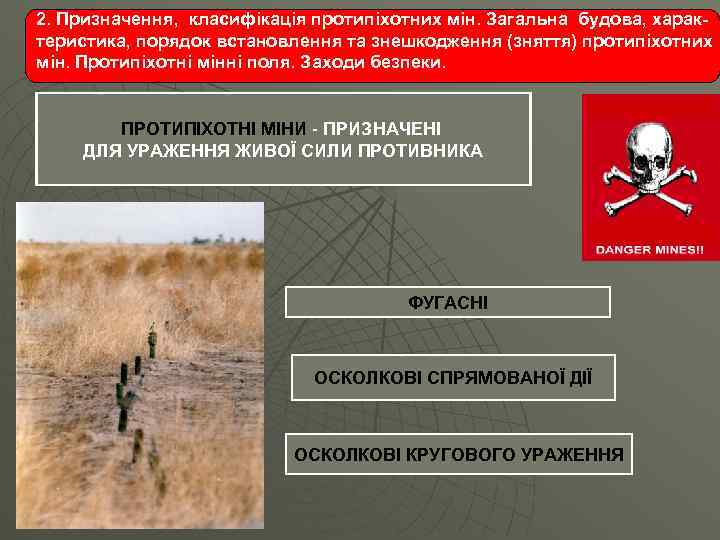 2. Призначення, класифікація протипіхотних мін. Загальна будова, характеристика, порядок встановлення та знешкодження (зняття) протипіхотних