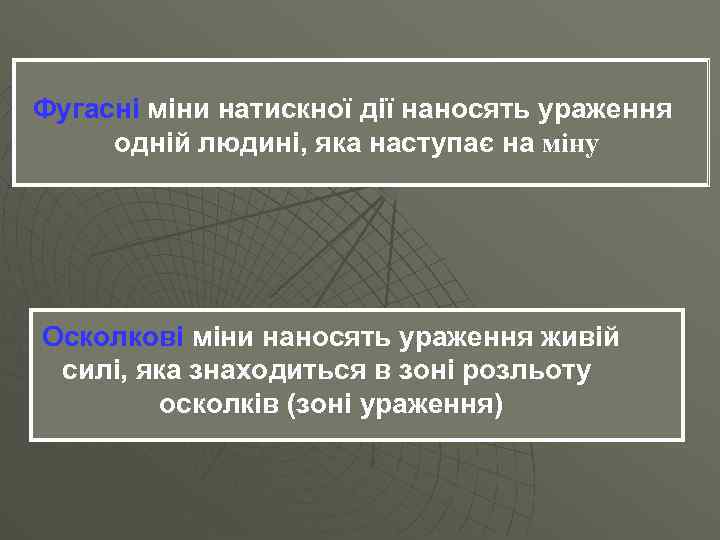 Фугасні міни натискної дії наносять ураження одній людині, яка наступає на міну Осколкові міни