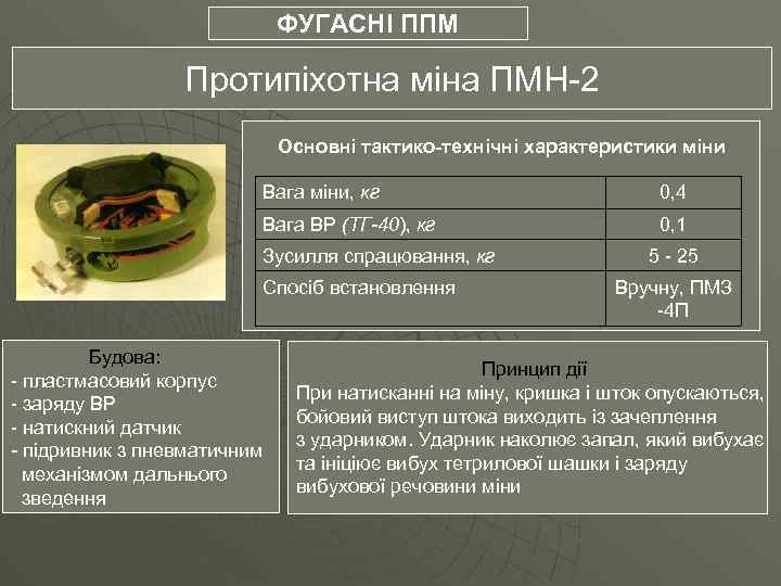 ФУГАСНІ ППМ Протипіхотна міна ПМН-2 Основні тактико-технічні характеристики міни Вага міни, кг 0, 4
