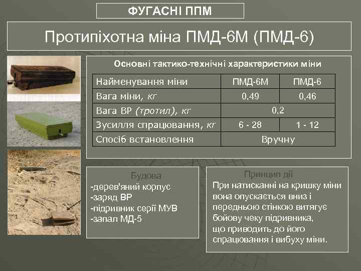 ФУГАСНІ ППМ Протипіхотна міна ПМД-6 М (ПМД-6) Основні тактико-технічні характеристики міни Найменування міни ПМД-6