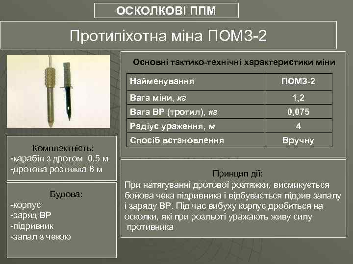 ОСКОЛКОВІ ППМ Протипіхотна міна ПОМЗ-2 Основні тактико-технічні характеристики міни Найменування Вага міни, кг ПОМЗ-2